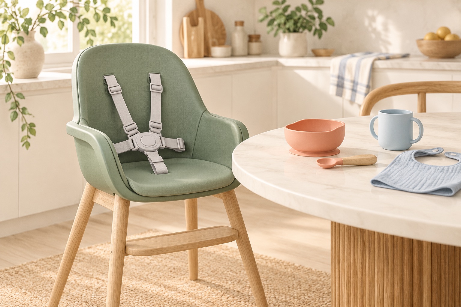 A sage high chair with a bowl, spoon, cup, and bib
