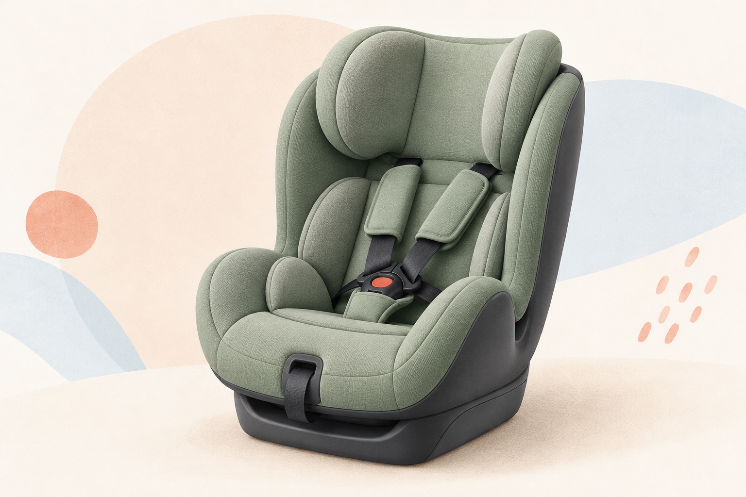 An empty sage and charcoal child car seat