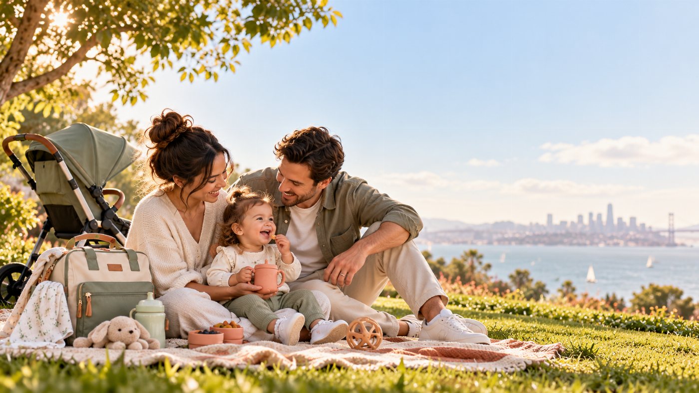 A parent and baby sitting together on a park blanket, looking out at the view