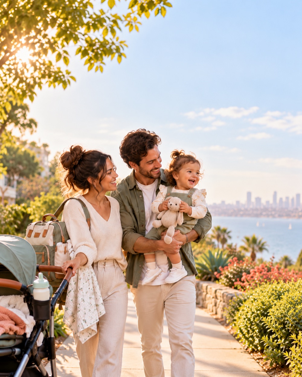 Two parents on a sunny walk by the water — one pushing a stroller, one carrying a laughing toddler