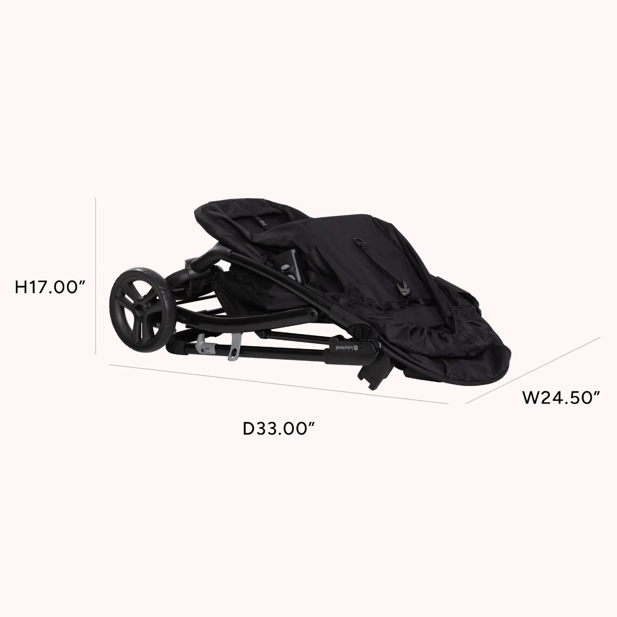 Official Baby Trend gallery callout showing the Passport Switch 6-in-1 stroller folded, with its folded-size callout; colorway-generic feature image from the same product gallery