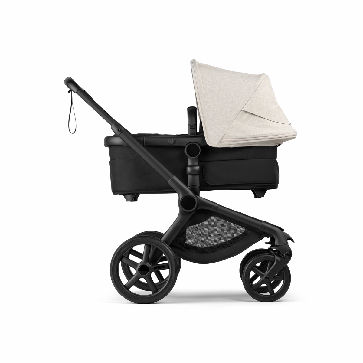 Second Bugaboo product gallery angle for SKU PV007636 of the Fox 5 Renew 2-in-1 stroller in the Misty White colorway (misty white sun canopy, heritage black fabrics, black base)