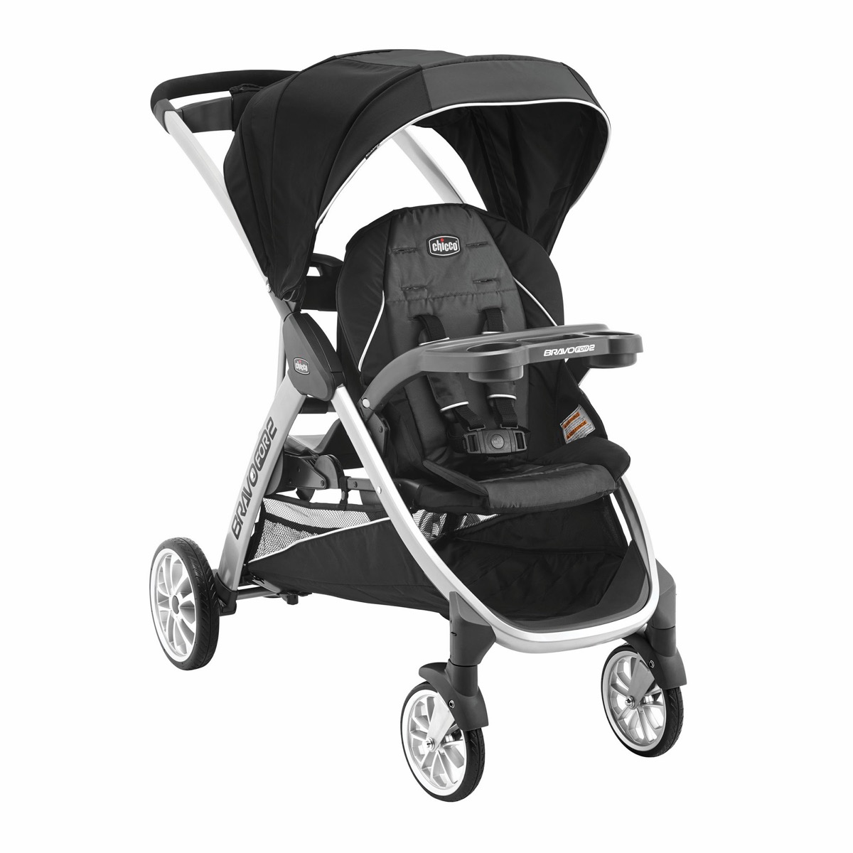 BravoFor2 double stroller in Iron, front three-quarter view