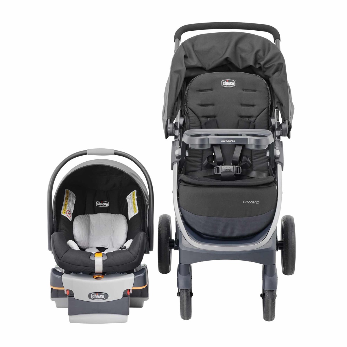 Front view of the Bravo stroller with attached child tray and the KeyFit 30 infant car seat with newborn positioner on its base, Camden colorway — manufacturer gallery view