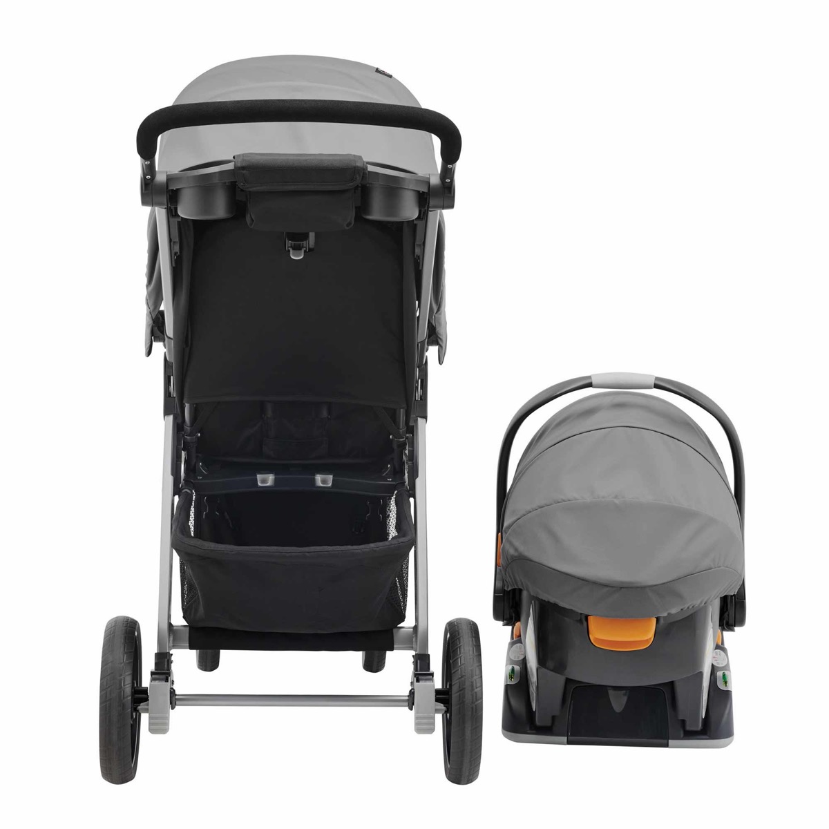Rear view of the Bravo stroller showing the parent tray with two cup holders, the storage basket, and the rear canopy window, with the KeyFit 30 canopy-side beside it, Camden colorway — manufacturer gallery view