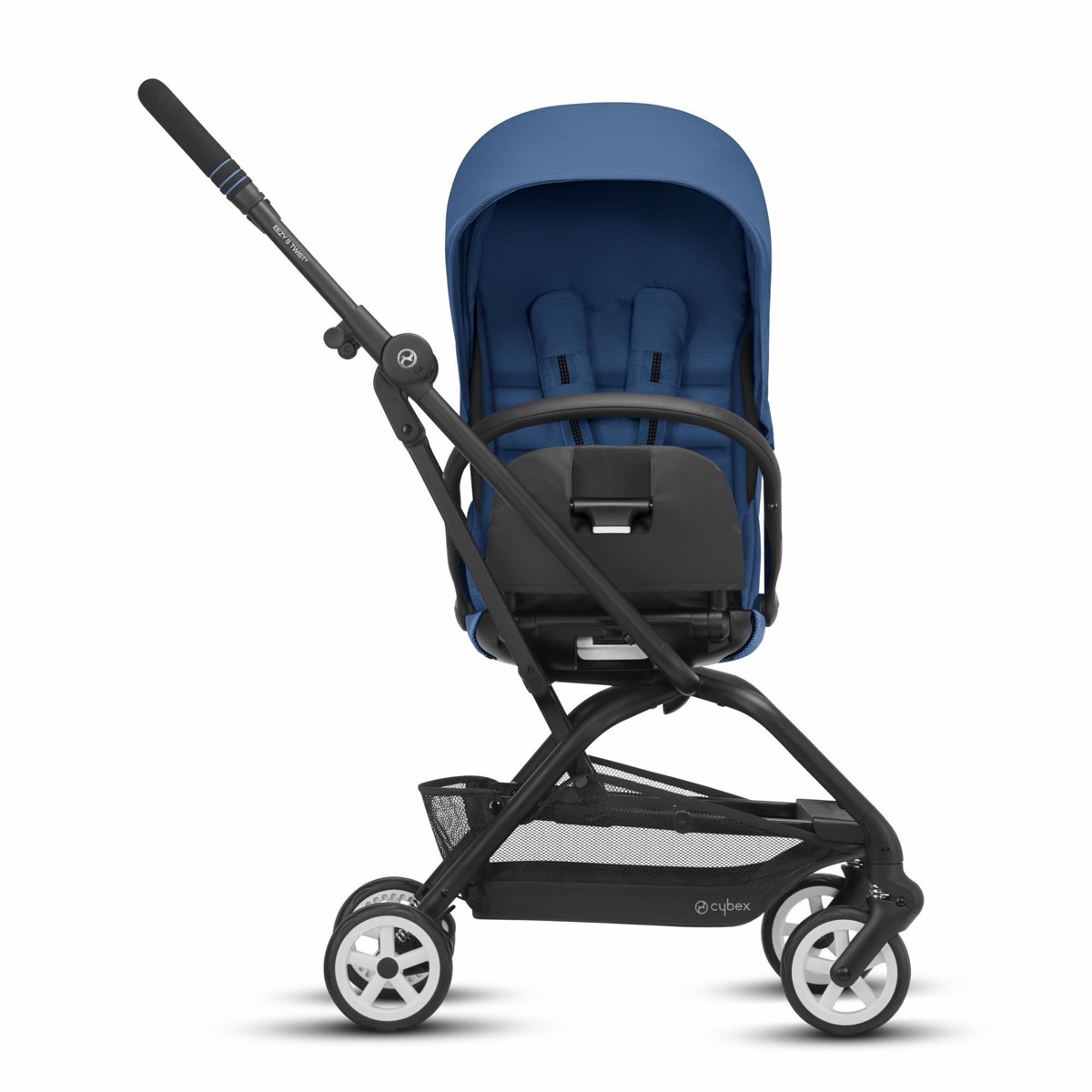 Eezy S Twist 2 (manufacturer render, Navy Blue) shown mid-rotation of the 360-degree rotating seat unit