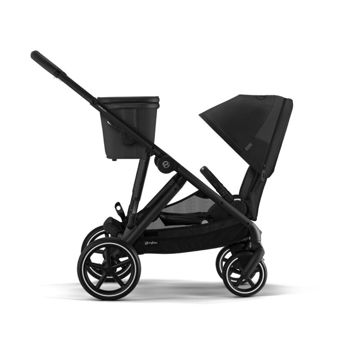 Gazelle S in Moon Black shown from the rear with the detachable shopper basket mounted under the seat