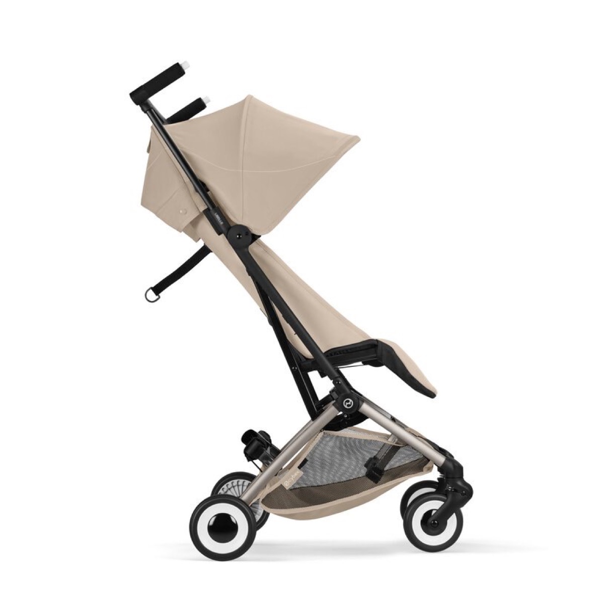 CYBEX Libelle in Almond Beige, side profile showing the near-flat reclined seat position