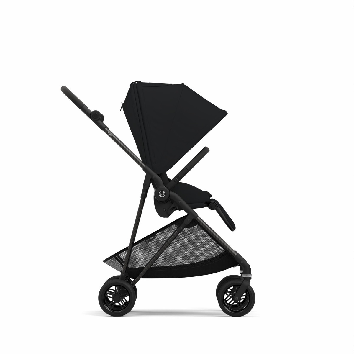 CYBEX Melio Carbon stroller in Moon Black shown in its compact folded position