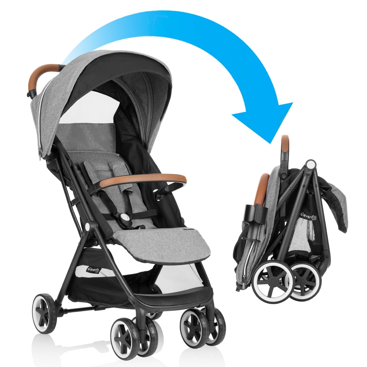 Evenflo Gold Otto Self-Folding stroller in gray Moonstone fabric shown fully open and in its compact self-standing fold
