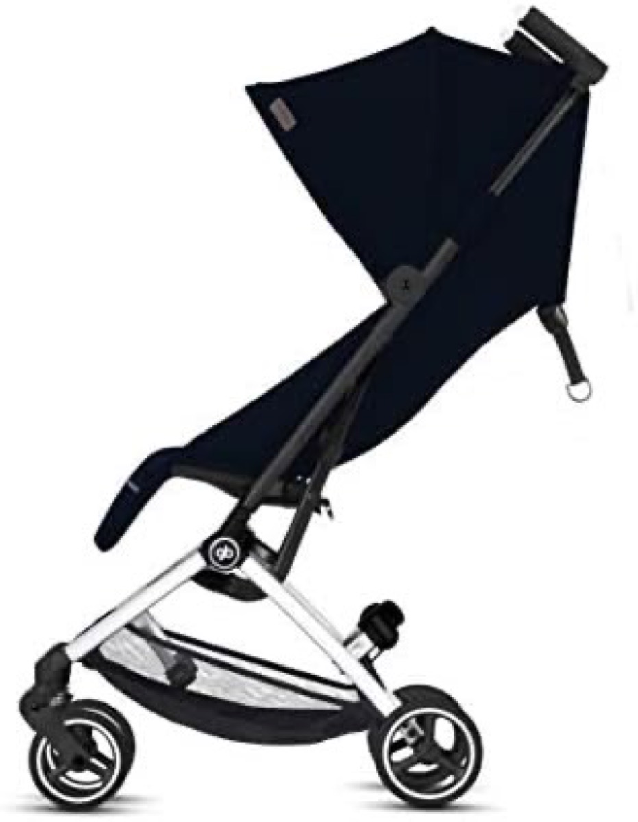 gb Pockit+ All-City compact stroller in black, side profile with the seat reclined and extended canopy
