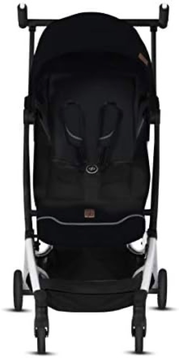 gb Pockit+ All-City compact stroller in black, front view showing canopy, five-point harness straps and storage basket