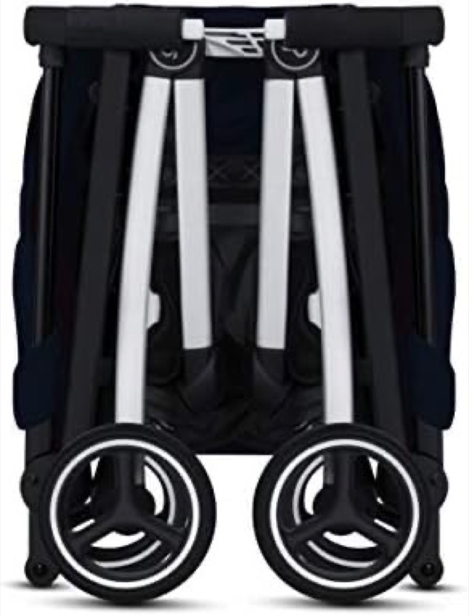 gb Pockit+ All-City compact stroller folded flat, front view showing the compact folded profile and wheels