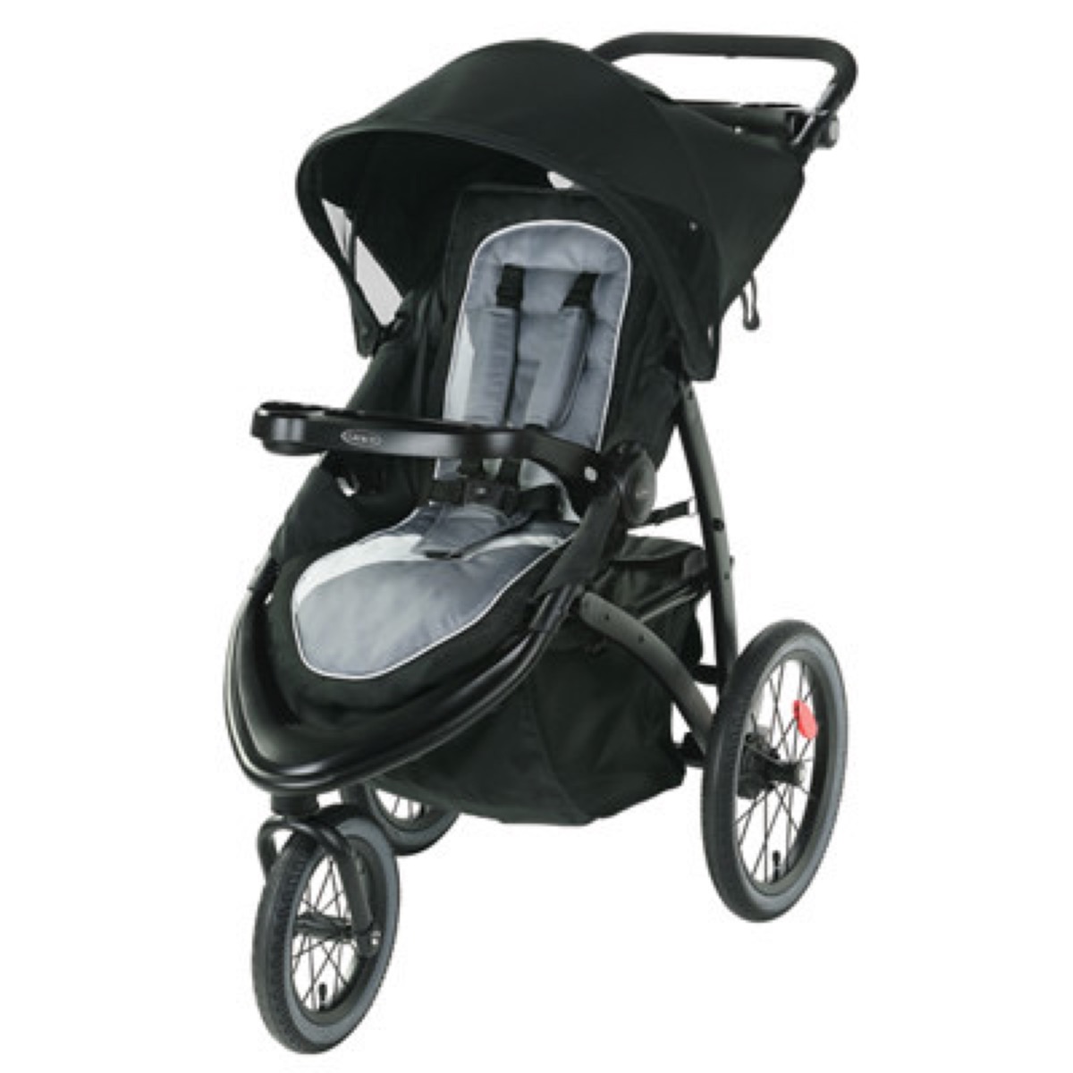 Manufacturer-page angled product view of the FastAction Jogger LX (asset 6cv11drvca) in the Drive colorway: the stroller with canopy up and parent tray, angled three-quarter studio frame on white
