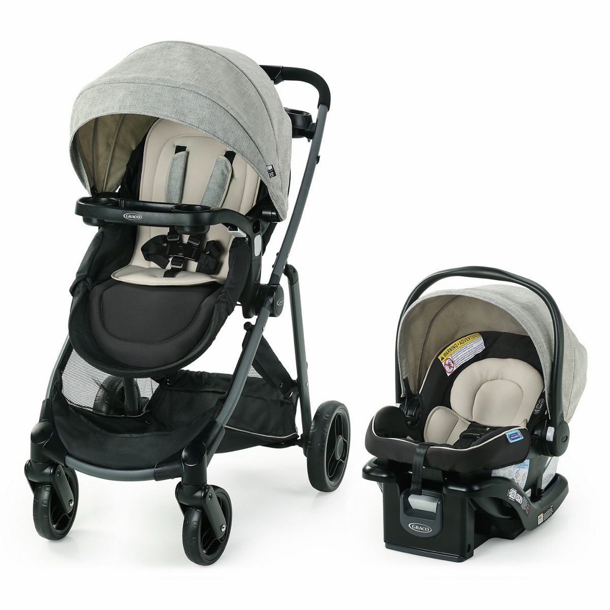 Manufacturer-page hero of the Modes Element LX Travel System in the Lynwood colorway: the stroller with canopy up and reversible seat, its SnugRide Lite LX infant car seat resting in a car seat base beside it, three-quarter front view on white