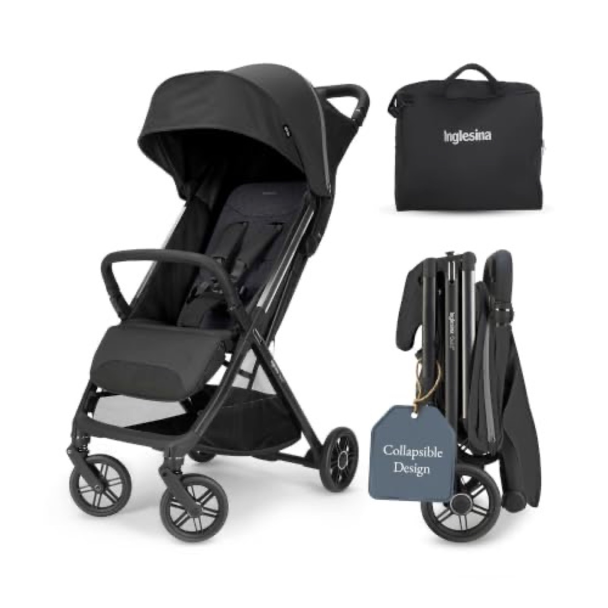 Inglesina Quid3 stroller in Cosmic Black shown together with the matching travel carry bag (bundle-variant accessory)