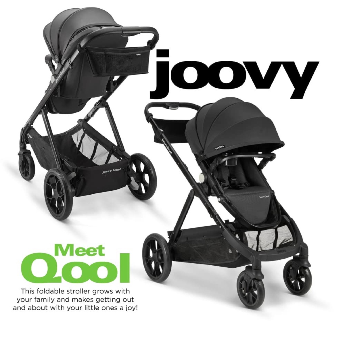Side profile of the Joovy Qool in Jet with the handlebar and seat shown
