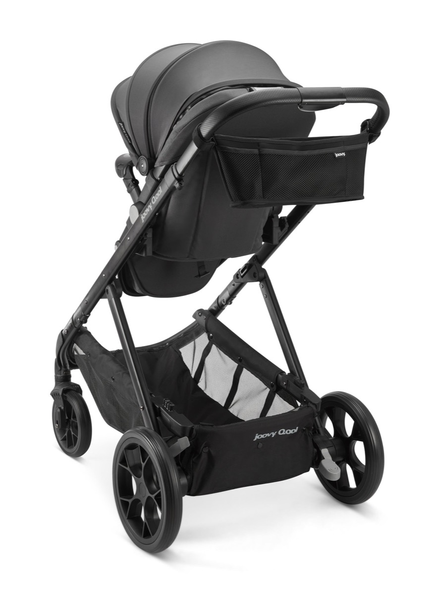 Rear view of the Joovy Qool in Jet showing the canopy and rear wheel area