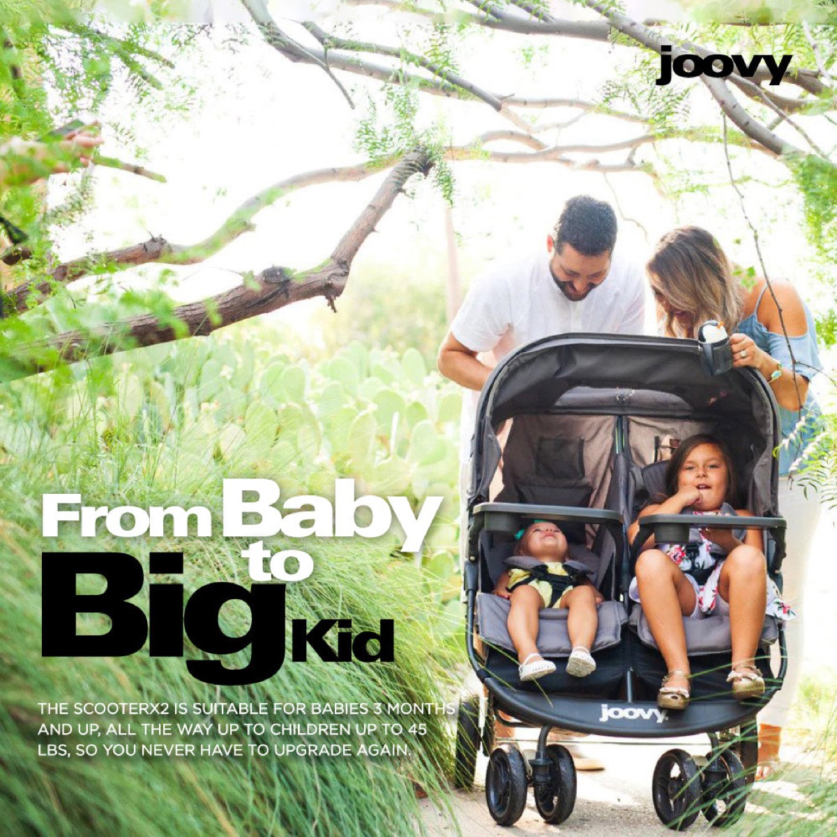 Official Joovy 'From Baby to Big Kid' graphic: the black Scooter X2 with an infant and an older child seated side by side, each behind a tray, canopy open