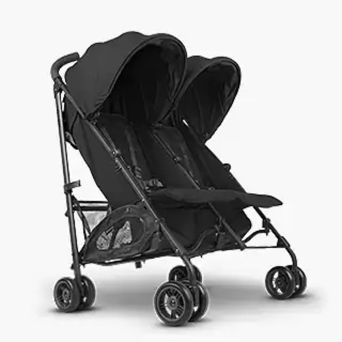 UPPAbaby G-Link V2 double stroller in dark fabric shown in side profile with extended canopy and under-seat basket