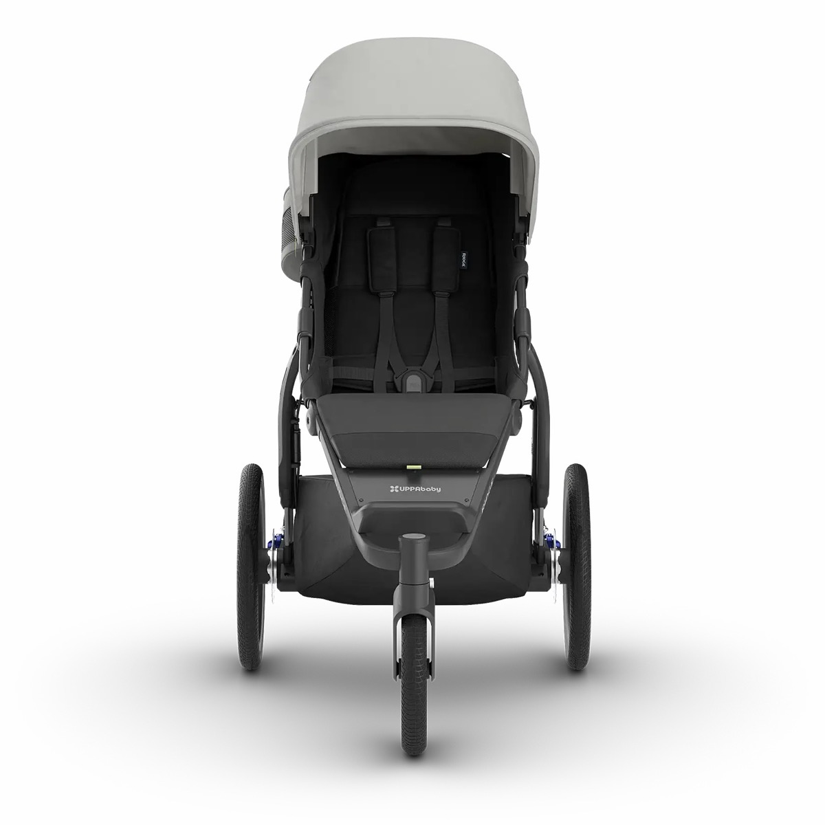 Front view of the Savannah UPPAbaby Ridge V2 showing the narrow front wheel, light grey canopy and padded seat with harness