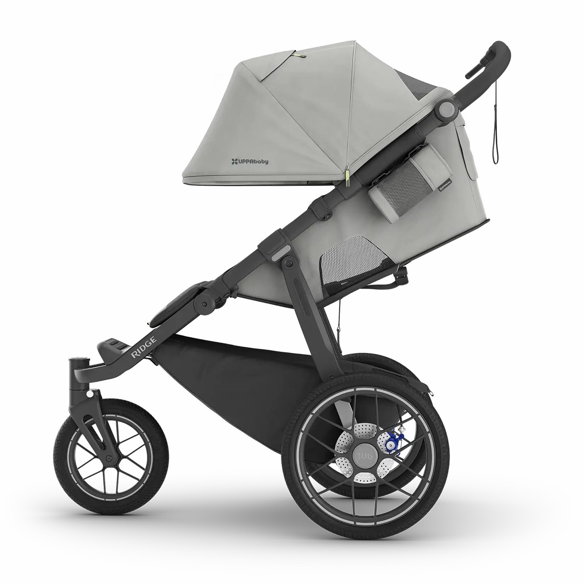 Side view of the Savannah UPPAbaby Ridge V2 with the seat reclined, showing the rear wheel disc brake and the large under-seat basket